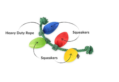 Diagram of a colorful pet toy with labeled parts on a white background