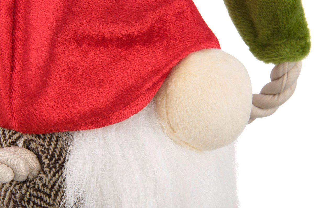 Close-up of a gnome figure with a red outfit and white beard on a white background