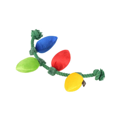 Colorful dog toy shaped like Christmas lights on a white background