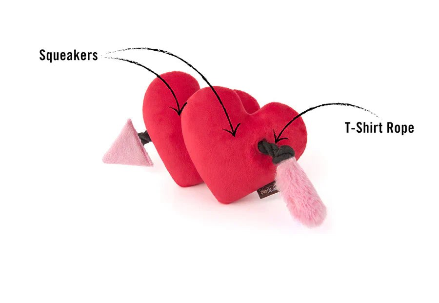 Red heart-shaped plush toy with labeled parts on a white background