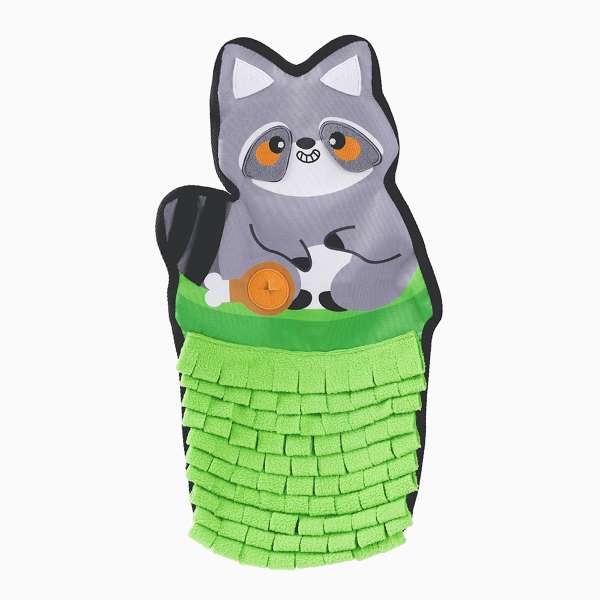 Glove with raccoon design and green fringes on a white background