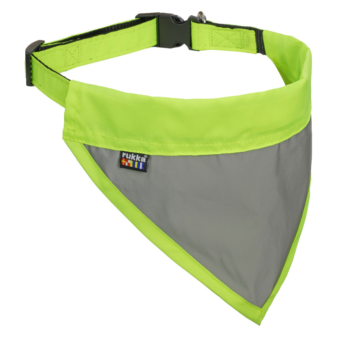 Neon green and gray dog bandana with a visible brand logo on a white background