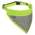 Neon green and gray dog bandana with a visible brand logo on a white background