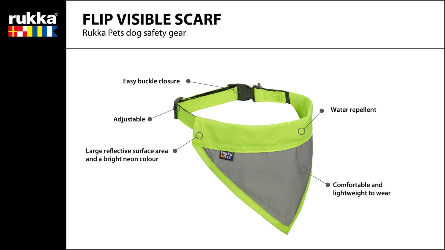 Rukka Pets dog safety gear flip visible scarf with features highlighted on a white background