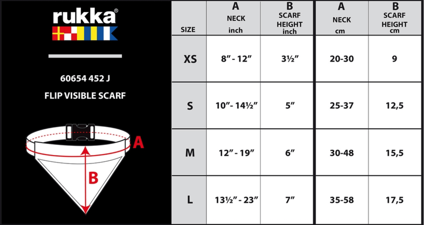 Rukka brand flip visible scarf size chart with measurements.