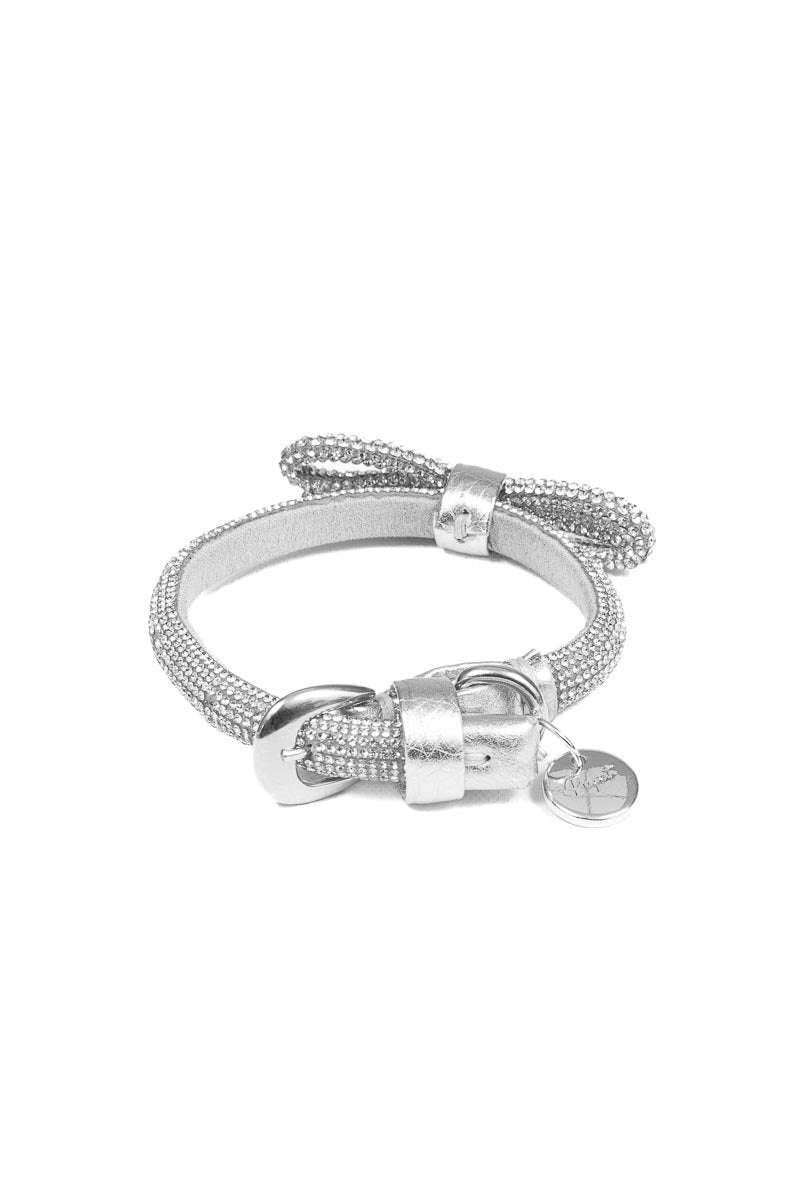 Silver bracelet with charms on a white background
