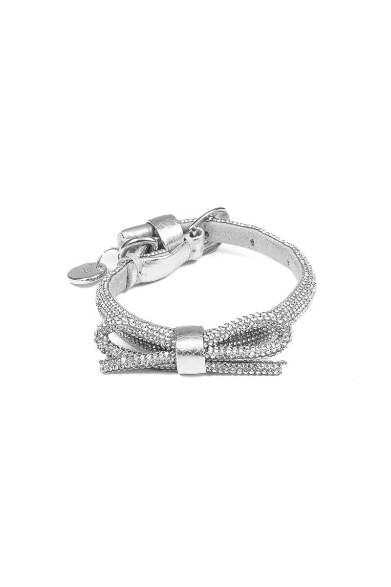 Silver bracelet with a clasp on a white background