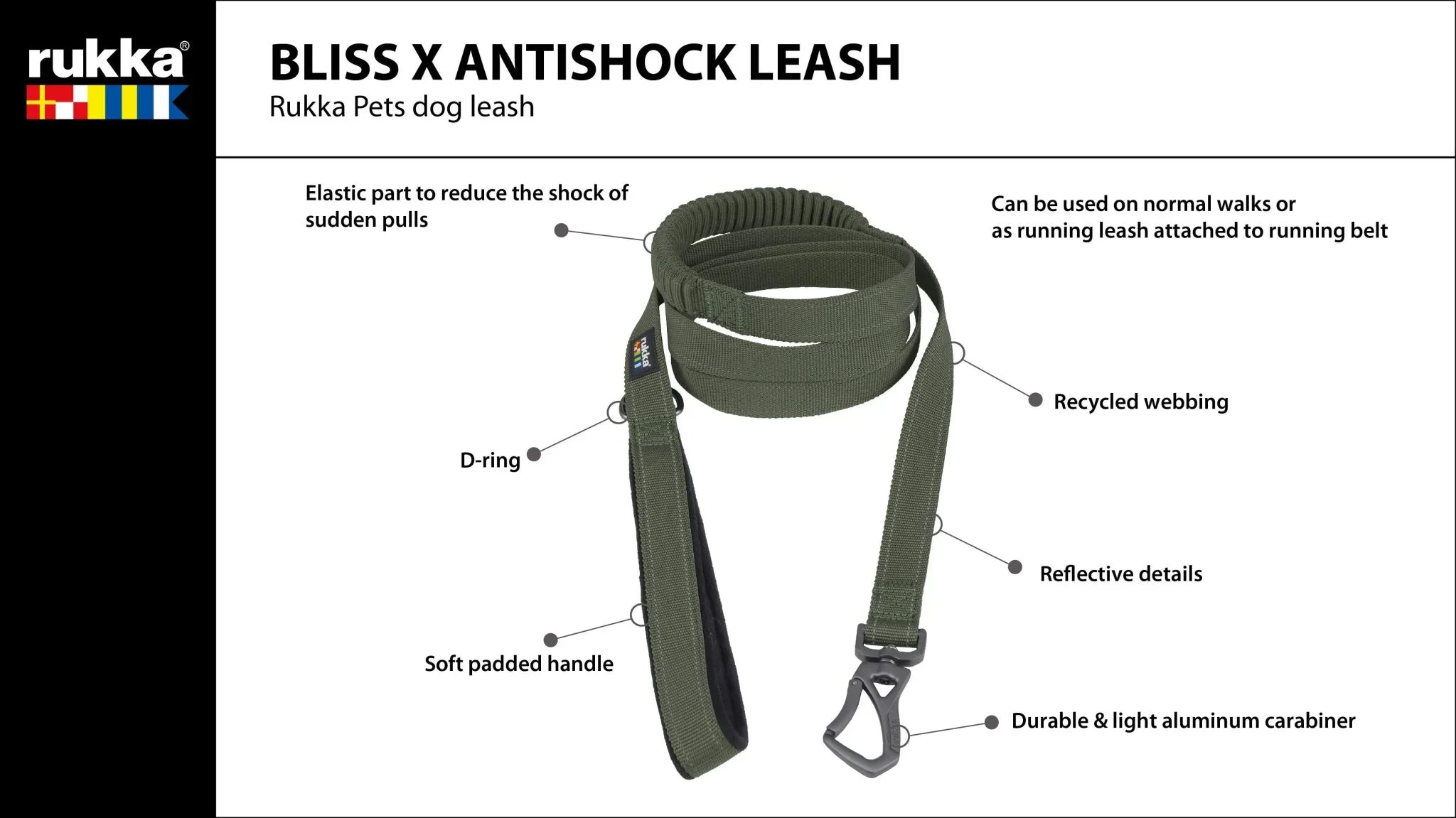 Rukka Bliss X Antishock Leash with features highlighted on a white background