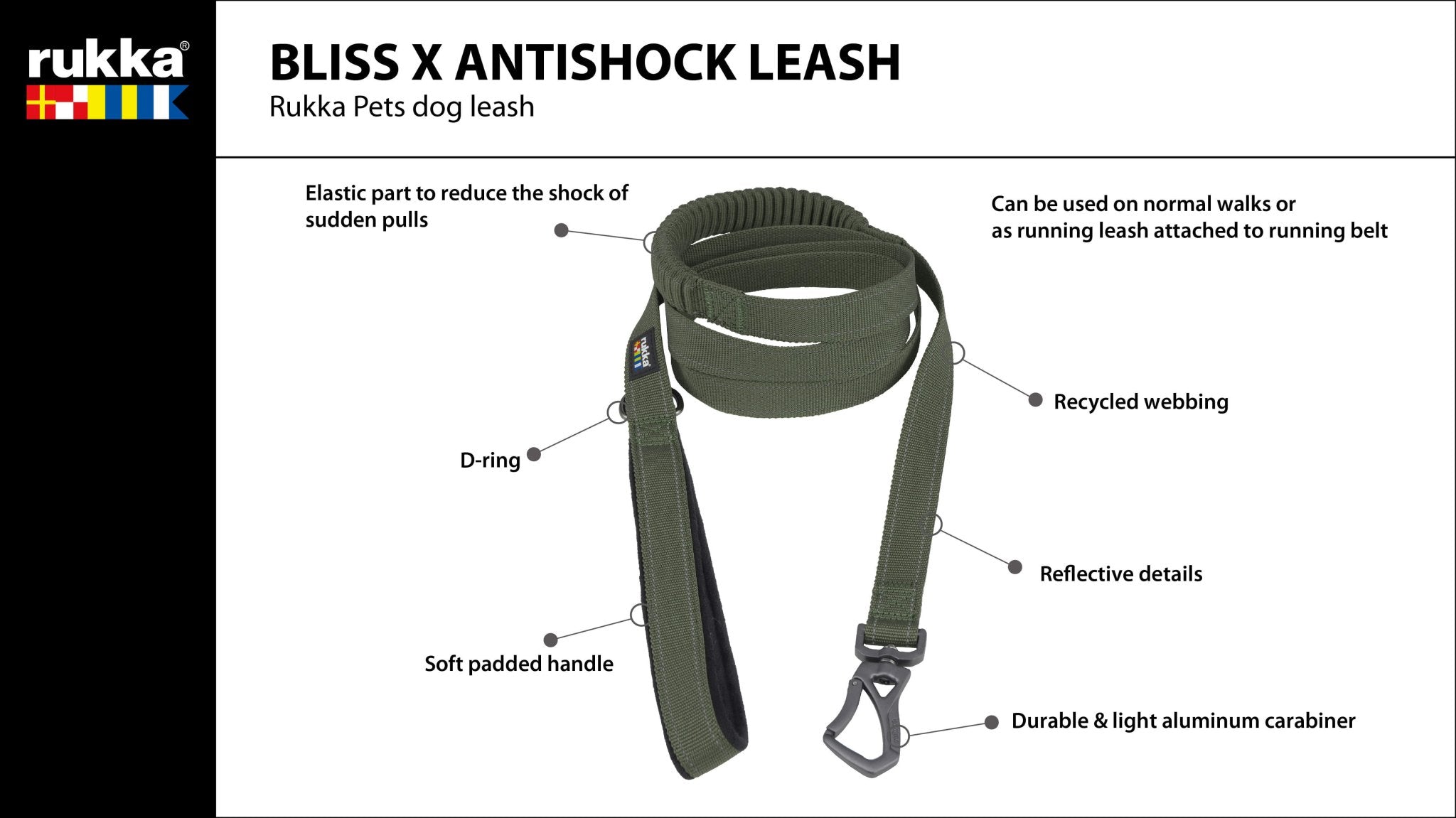 Rukka Bliss X Antishock Leash with features highlighted on a white background