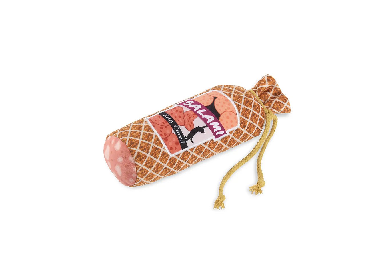 Dog toy shaped like a salami with a brand logo on a white background