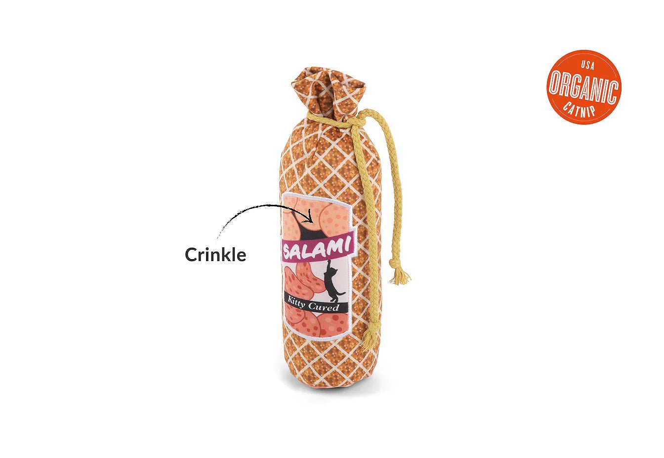 Cured meat product in a crinkled paper packaging with &