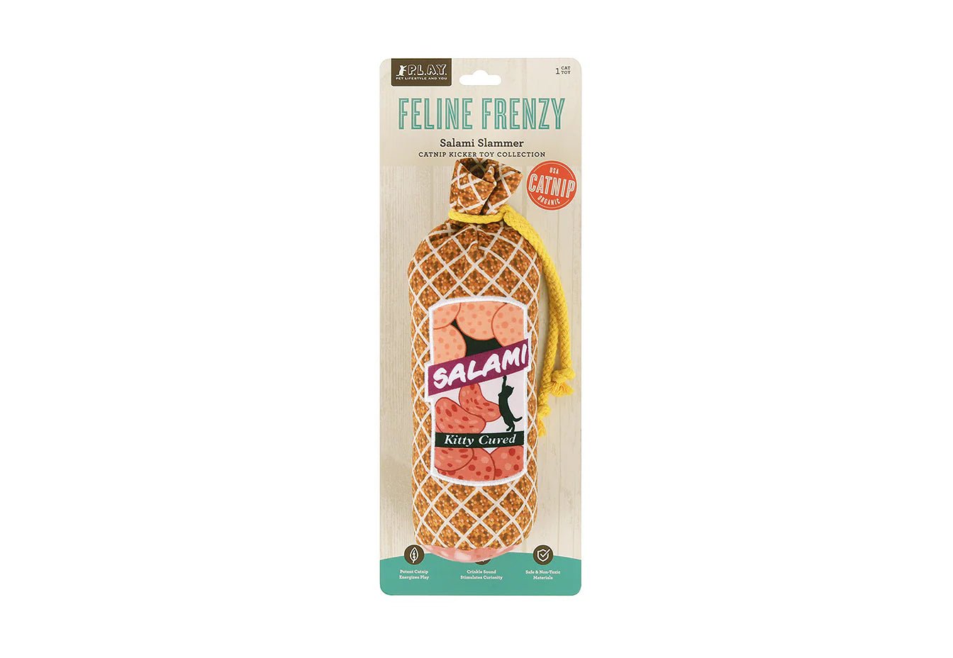 Feline Frenzy Salami Hamster cat toy packaging on a white background