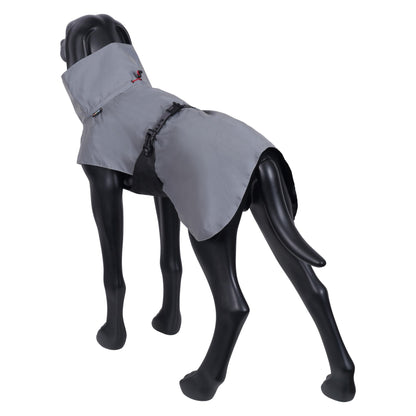 Gray dog coat on a black mannequin against a white background