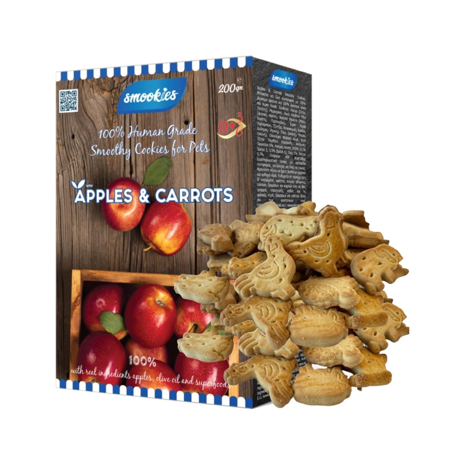 Pudełko ciasteczek Smookies jabłkowo-marchewkowych dla zwierząt z ciasteczkami wyłożonymi z przodu