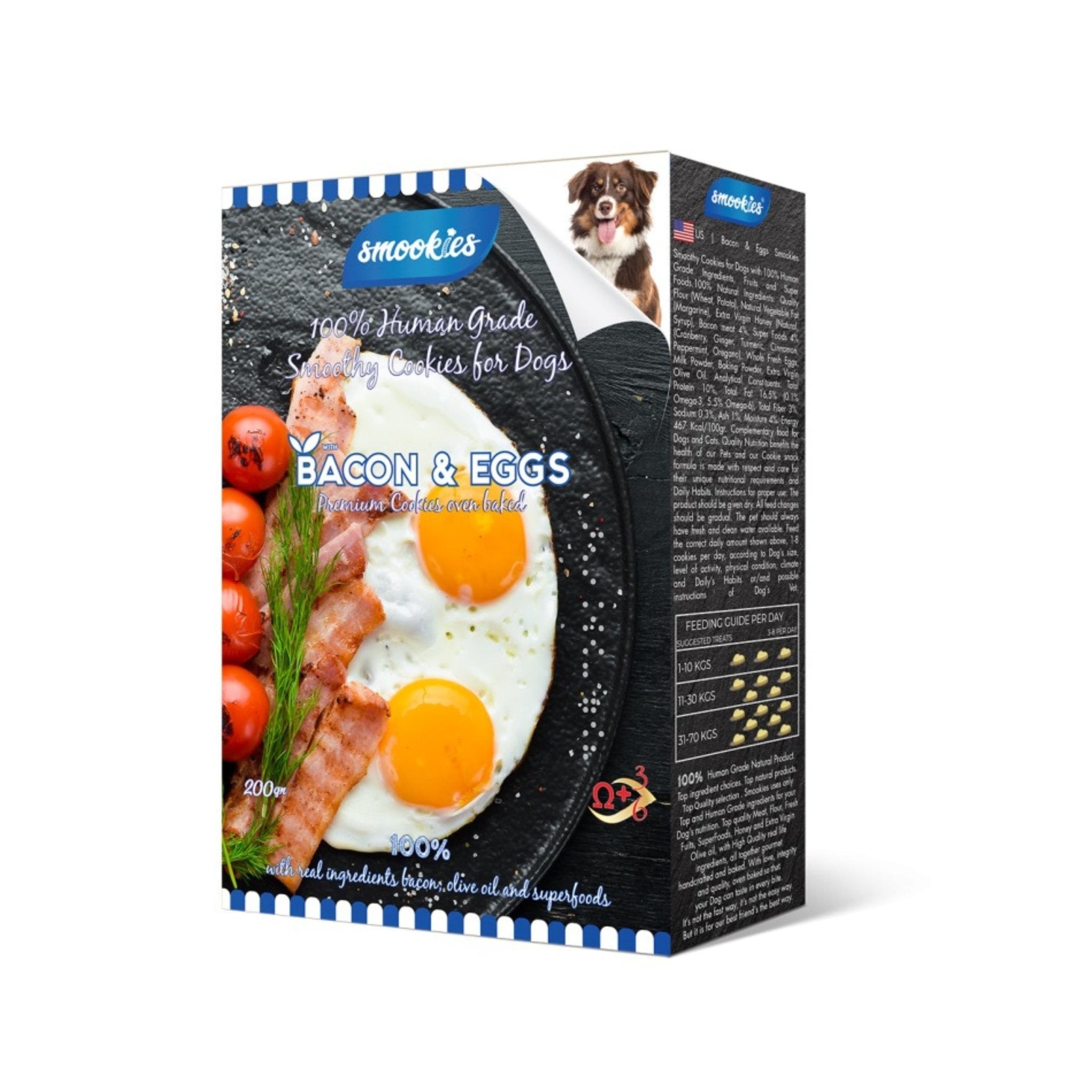 Æske med smoochies bacon og æg til hunde på hvid baggrund