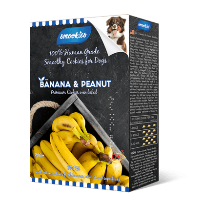 Æske med smookies Banan- og Jordnøddesmåkager til hunde på hvid baggrund
