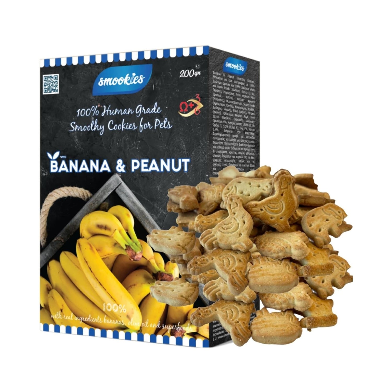 Æske med smookies banan- og jordnøddesmåkager med småkager vist foran