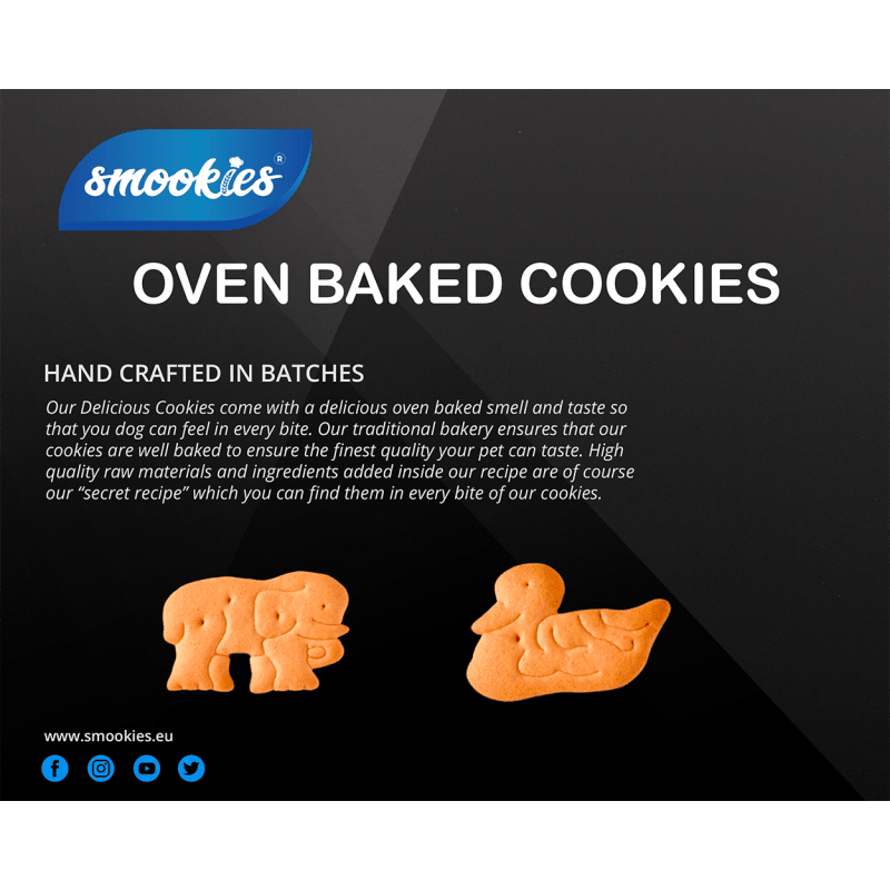 Reklame for Smookies ovnbagte småkager med tekst og to småkageformer på en sort baggrund.