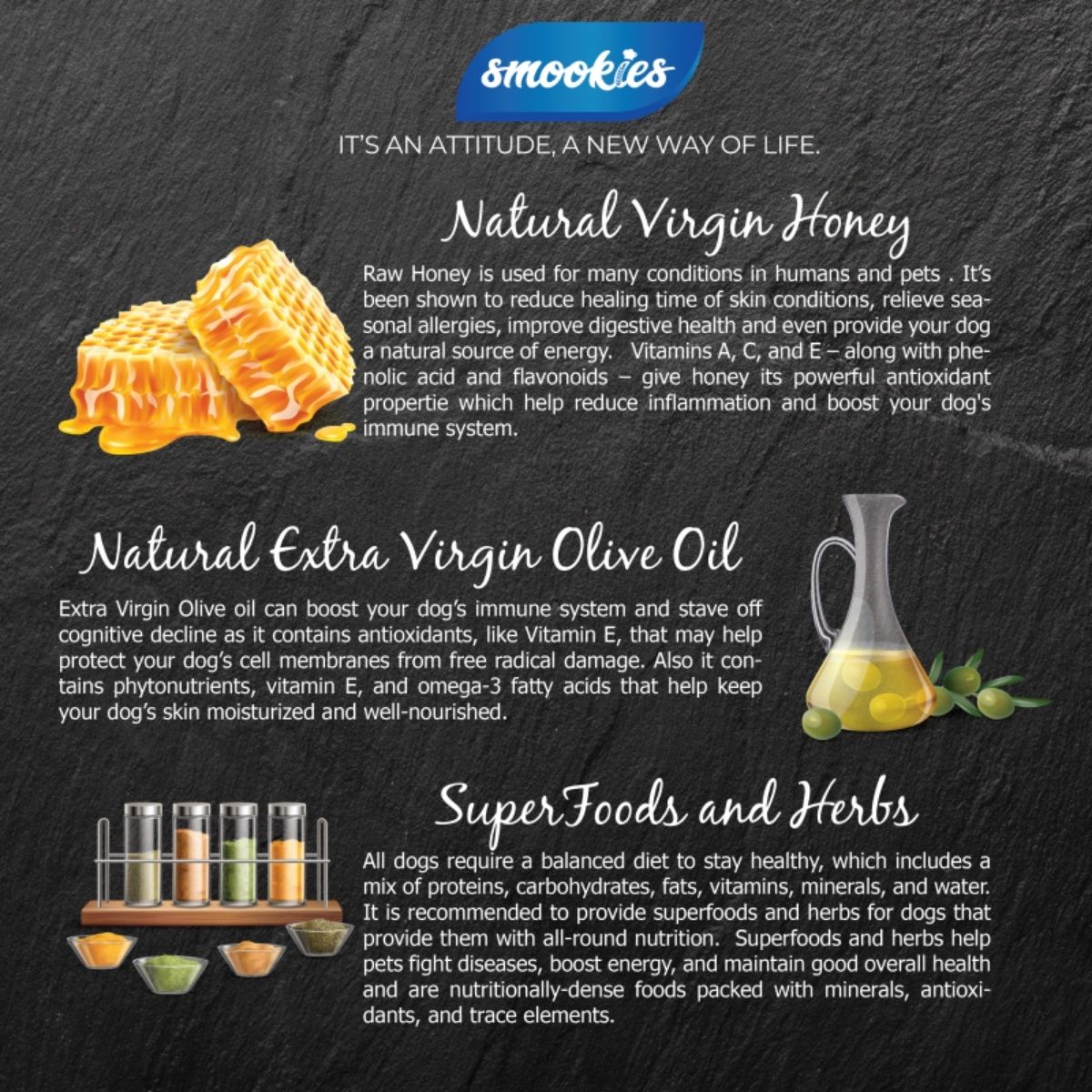 Advertisement for smookies natural products including honey, olive oil, and superfoods on a dark background.