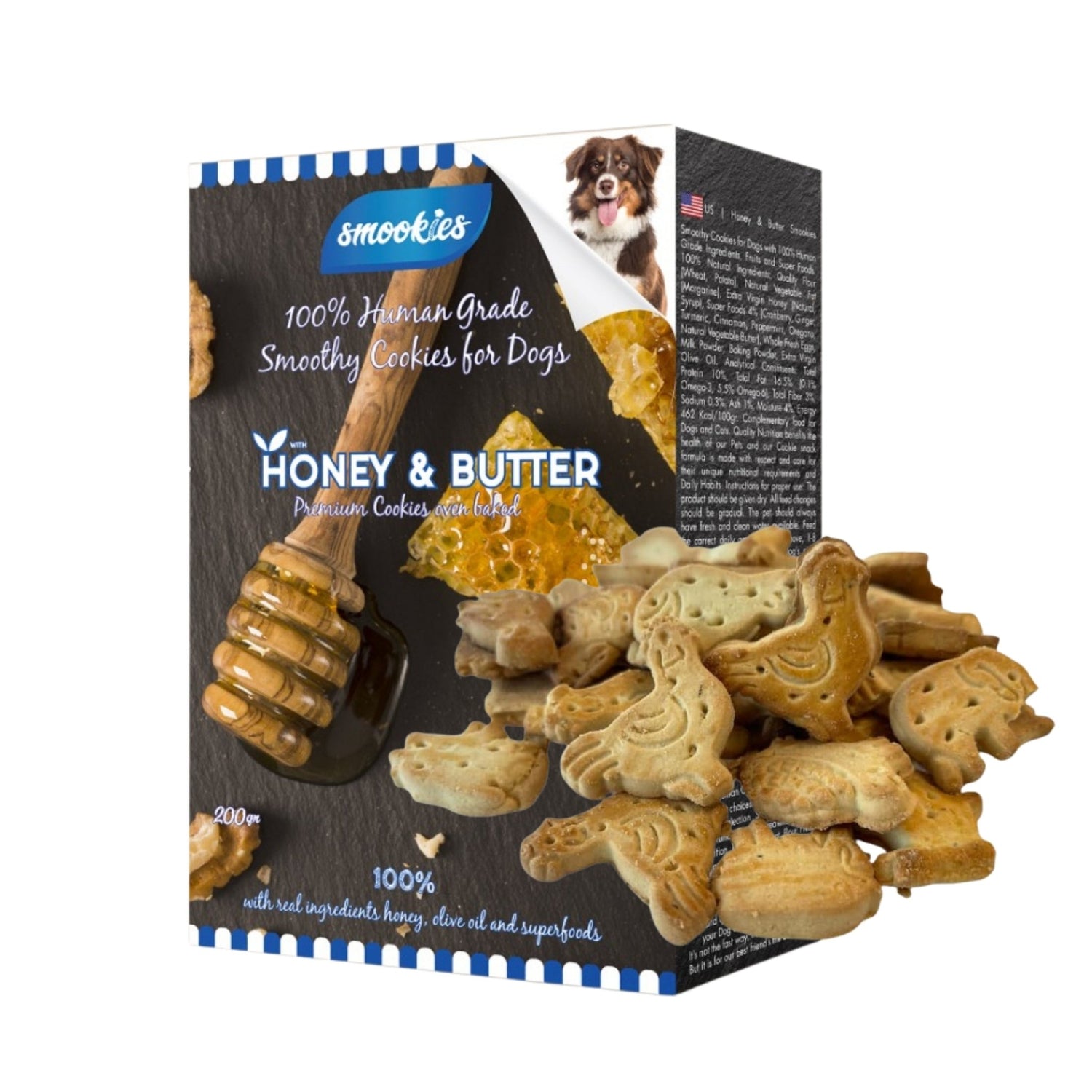 Pudełko ciasteczek smookies o smaku miodu i masła dla psów z ciasteczkami wyłożonymi z przodu