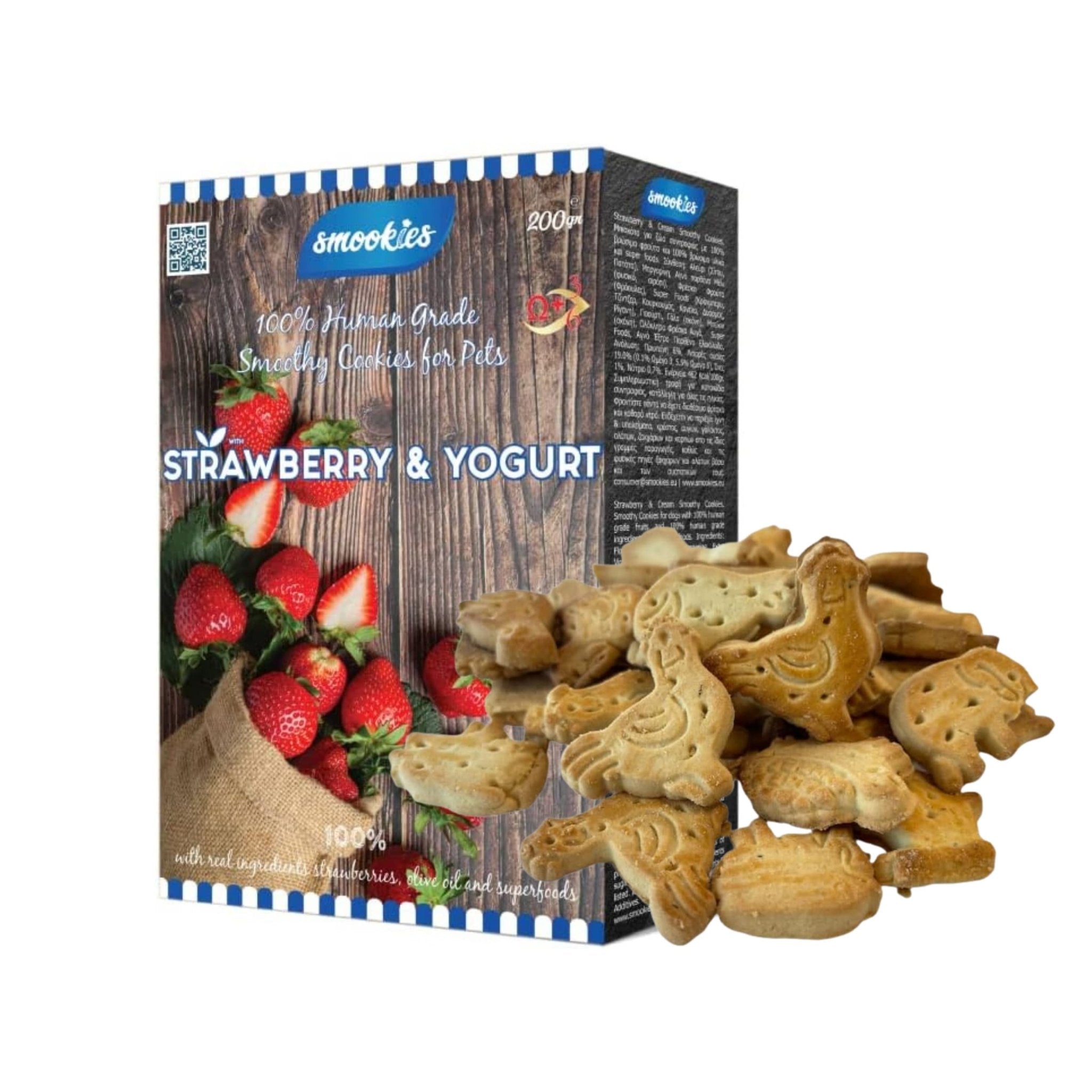Packaging of strawberry and yogurt flavored dog treats with treats displayed in front.