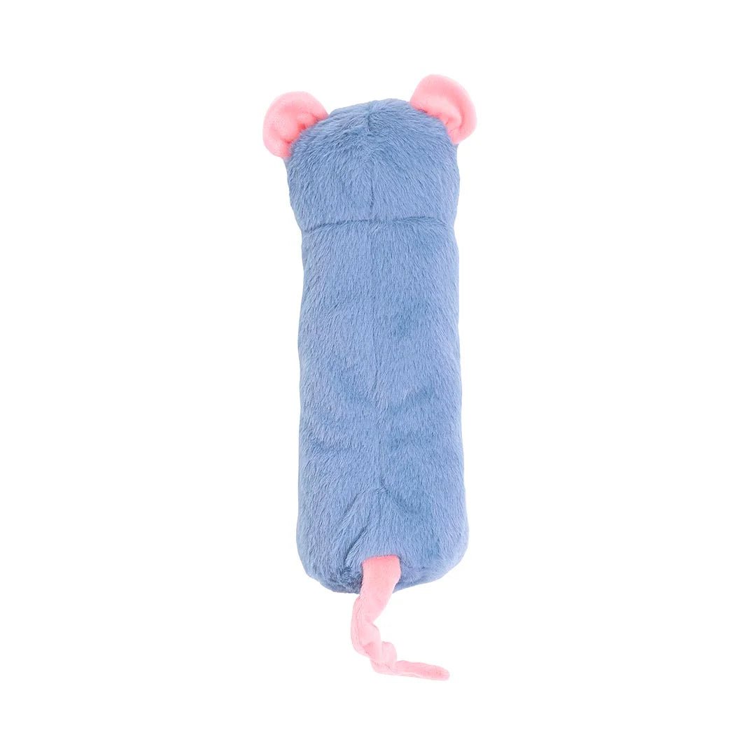 Blue plush toy resembling a mouse with pink ears and tail on a white background