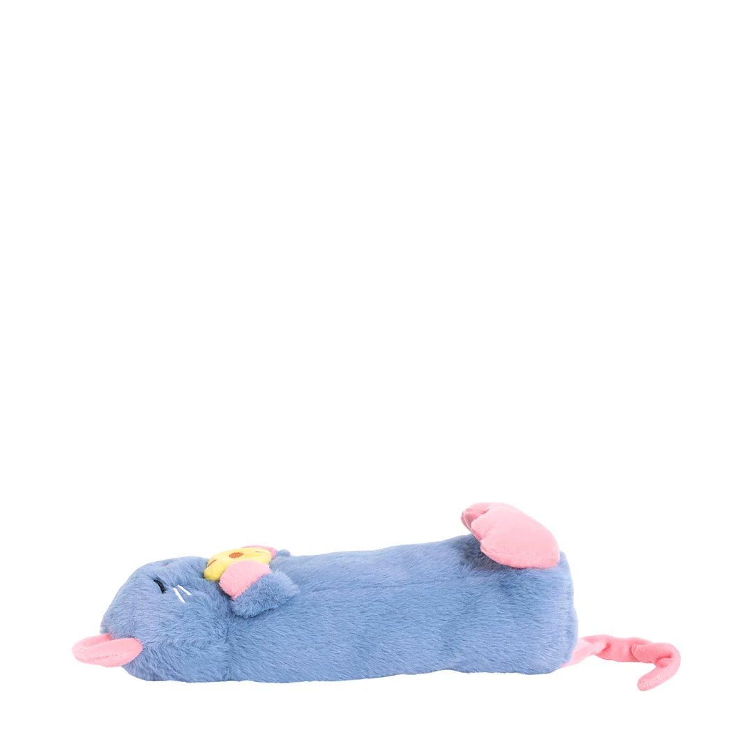 Blue plush toy shaped like a rat with pink ears on a white background