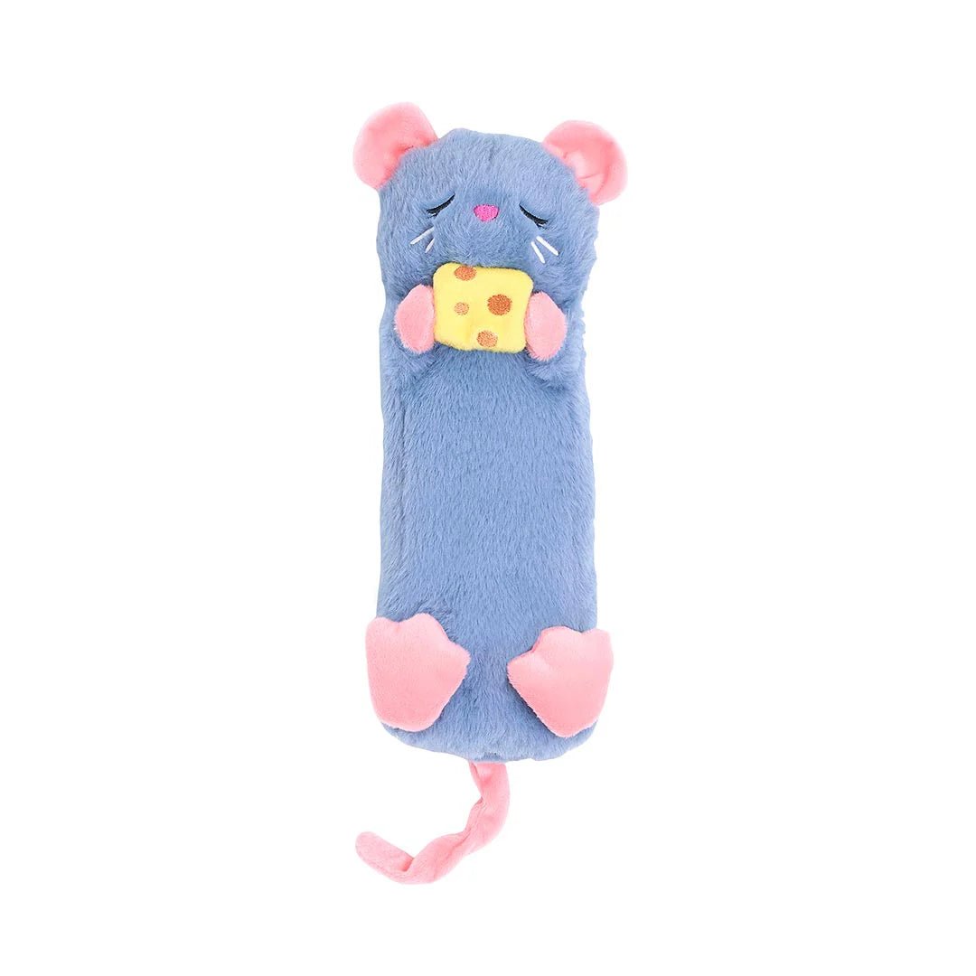 Blue plush toy shaped like a mouse holding cheese on a white background