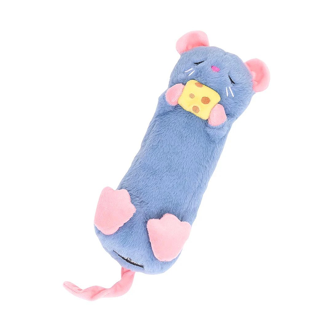 Blue plush toy shaped like a mouse with cheese on a white background