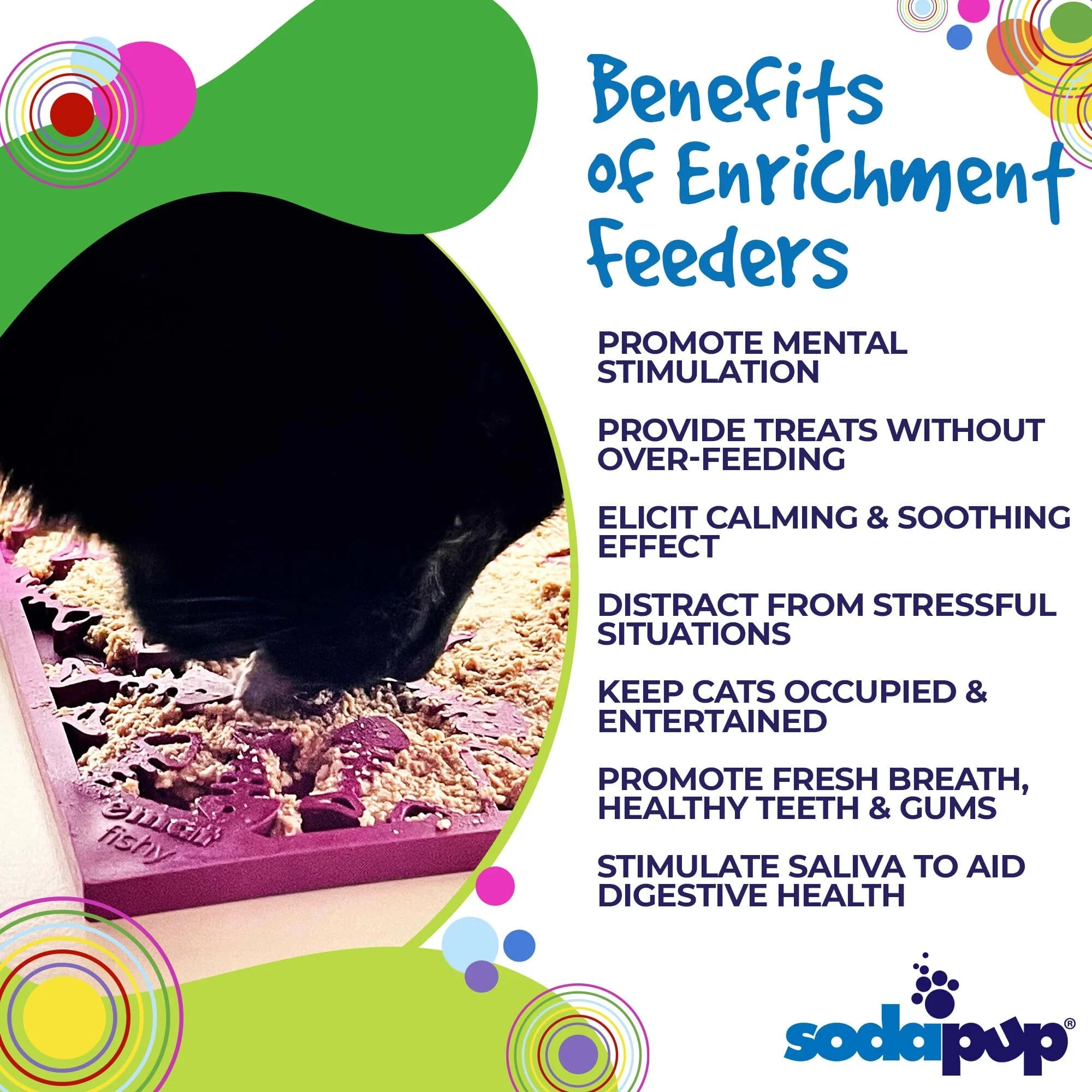 Cat eating from an enrichment feeder with text listing benefits on a colorful background
