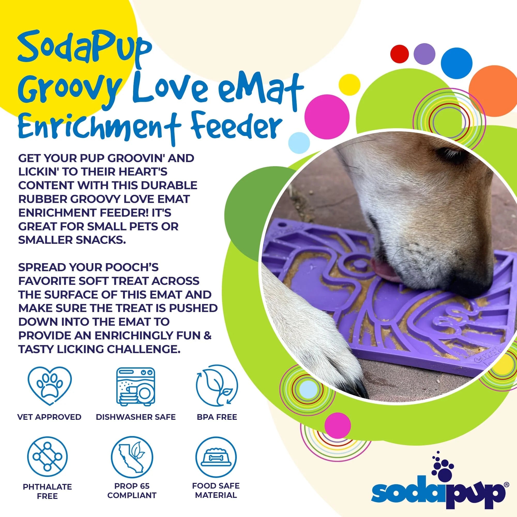 Advertisement for SodaPup Groovy Love eMat Enrichment Feeder with a dog interacting with the product.