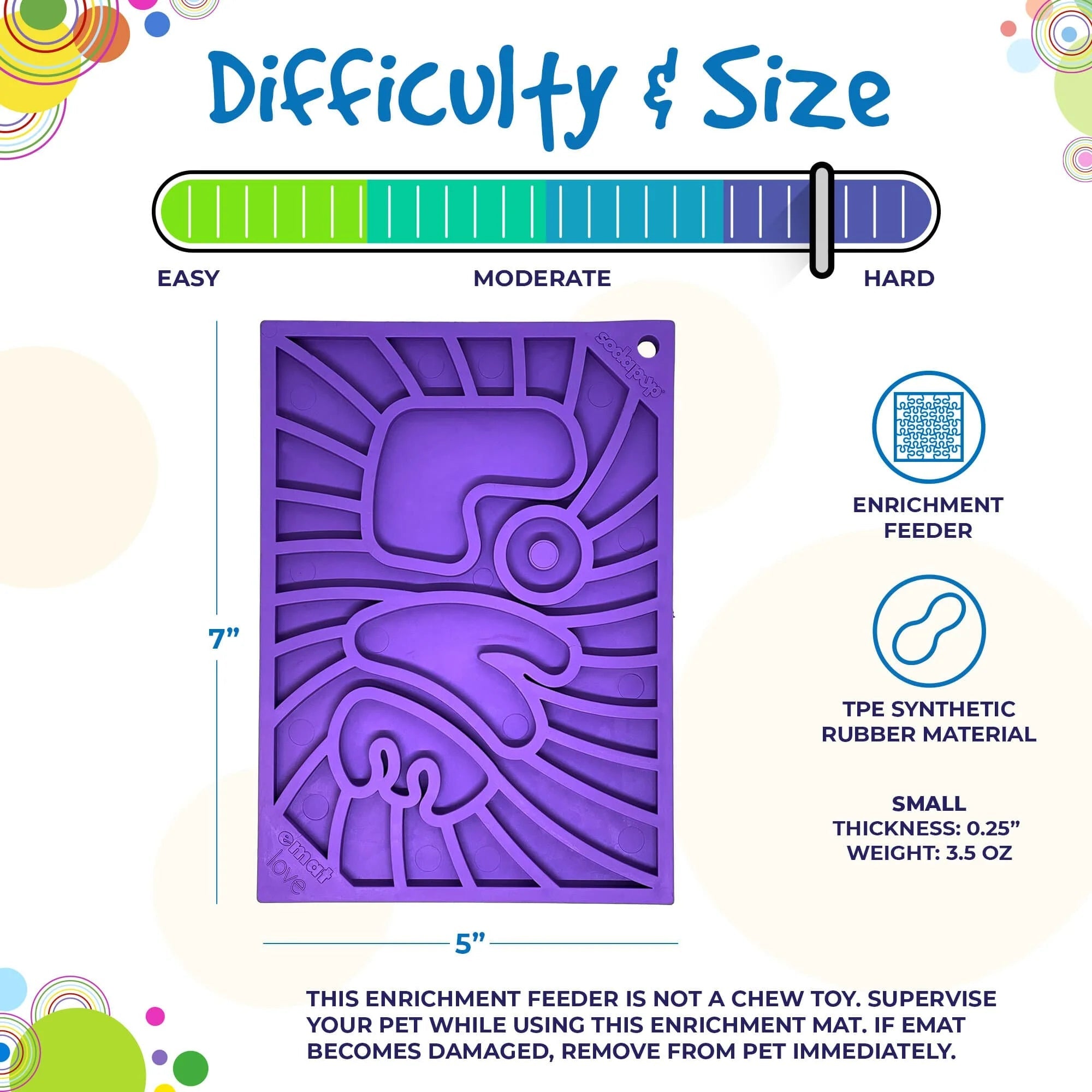 Purple enrichment feeder with difficulty and size rating on a colorful background
