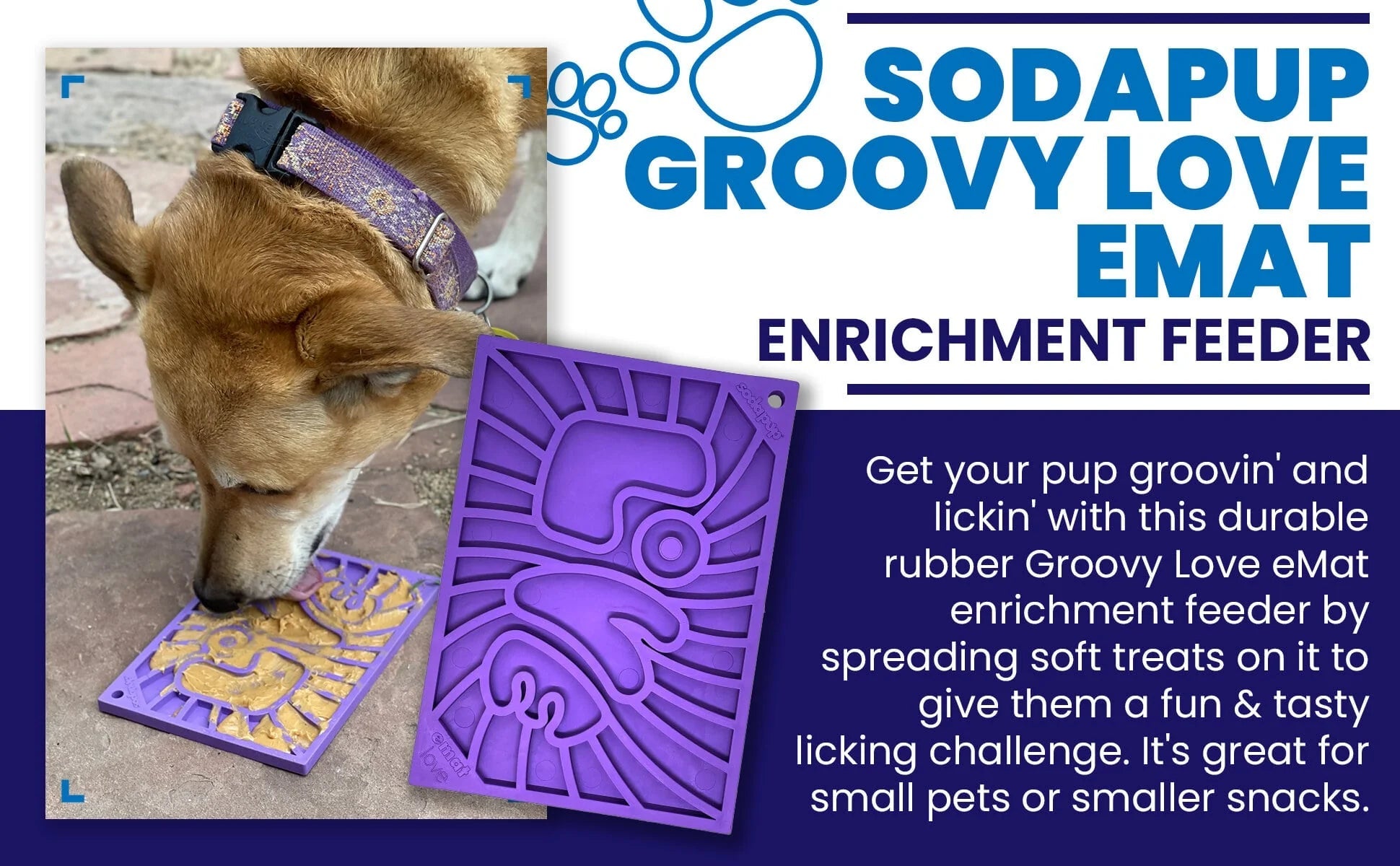 Purple enrichment feeder for pets with a dog interacting with it, and promotional text about the product.