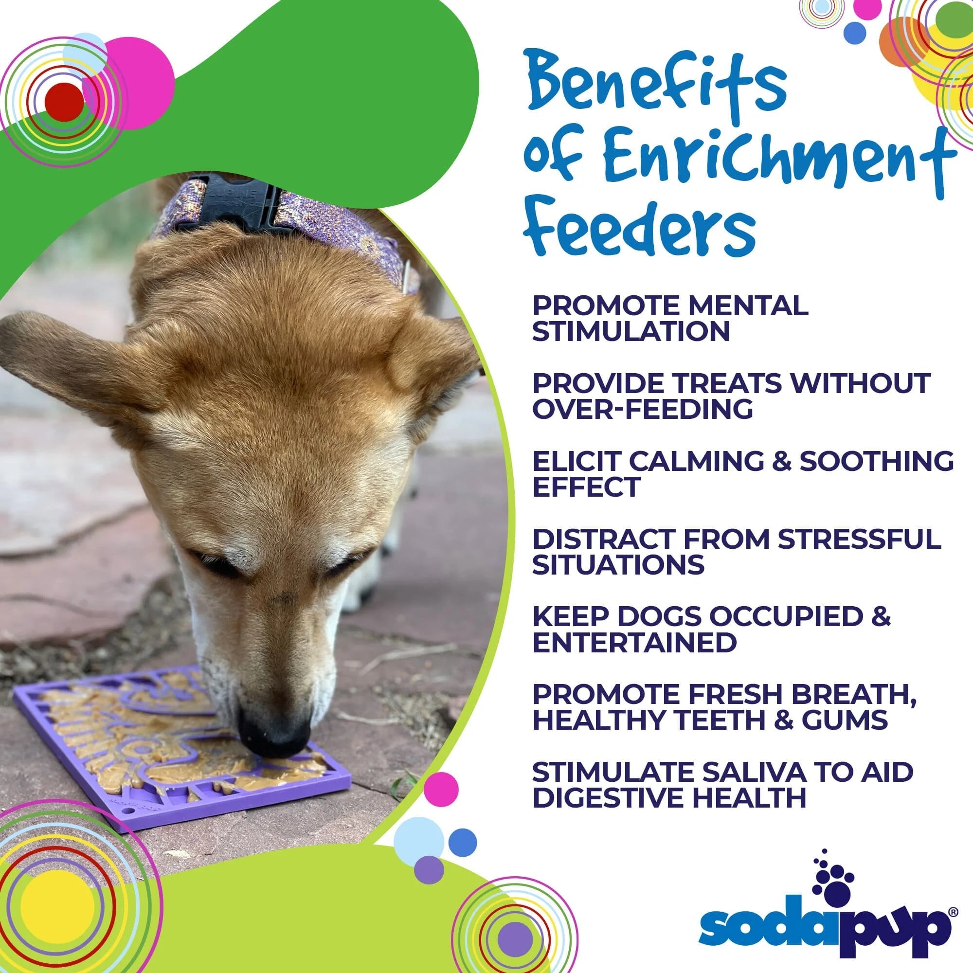 Dog eating from an enrichment feeder with text listing benefits on a colorful background