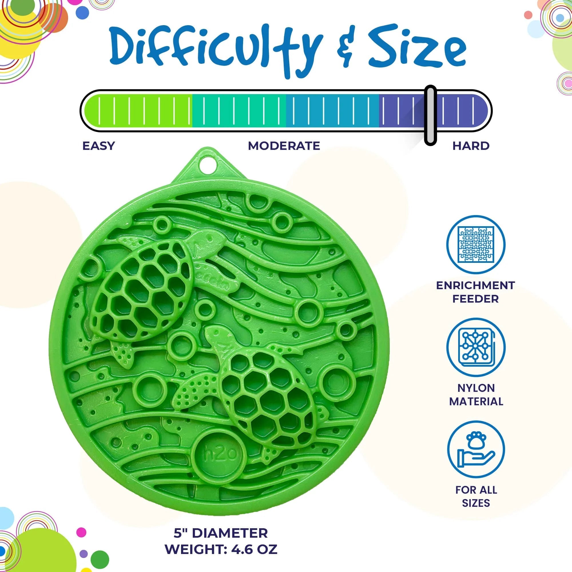 Green silicone mat with text indicating difficulty, size, and features on a colorful background