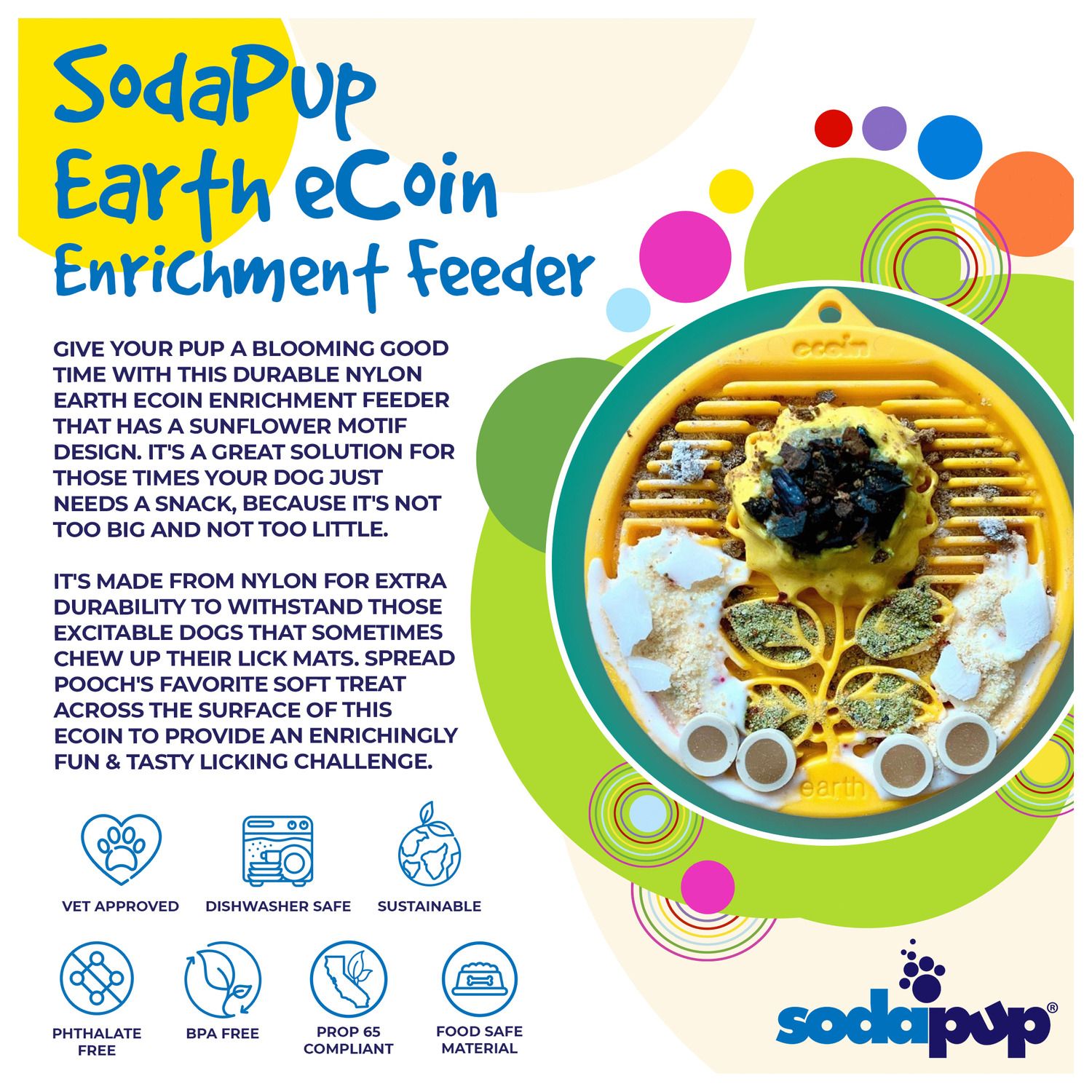 SodaPup Earth eCoin Enrichment Feeder with colorful design and product details.