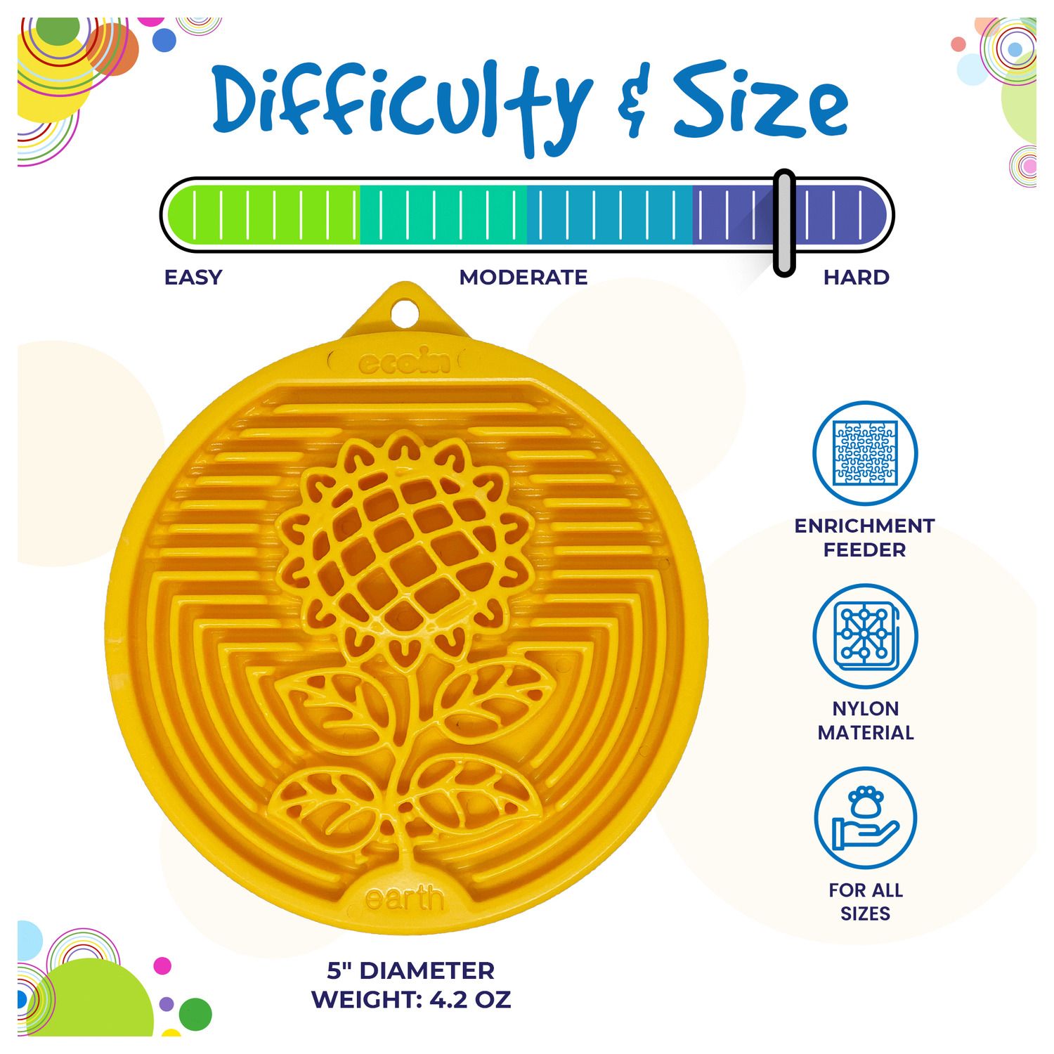 Yellow maze toy with difficulty and size rating on a colorful background