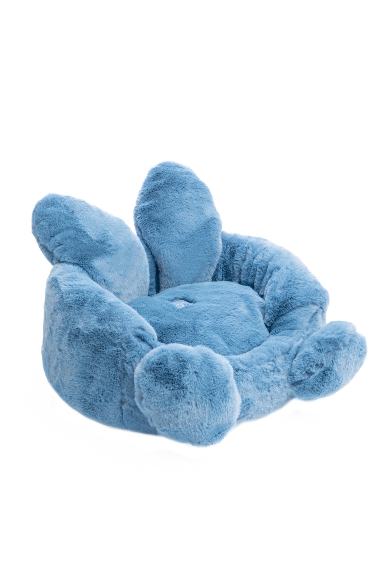 Blue plush bunny-shaped pet bed on a white background
