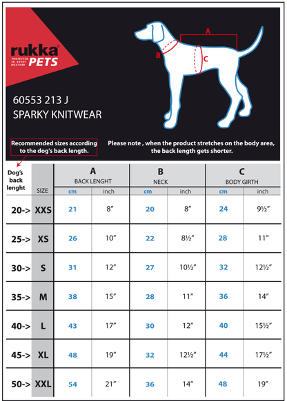 Rukka Pets Sparky Knitwear size chart with a dog illustration and measurement guide.