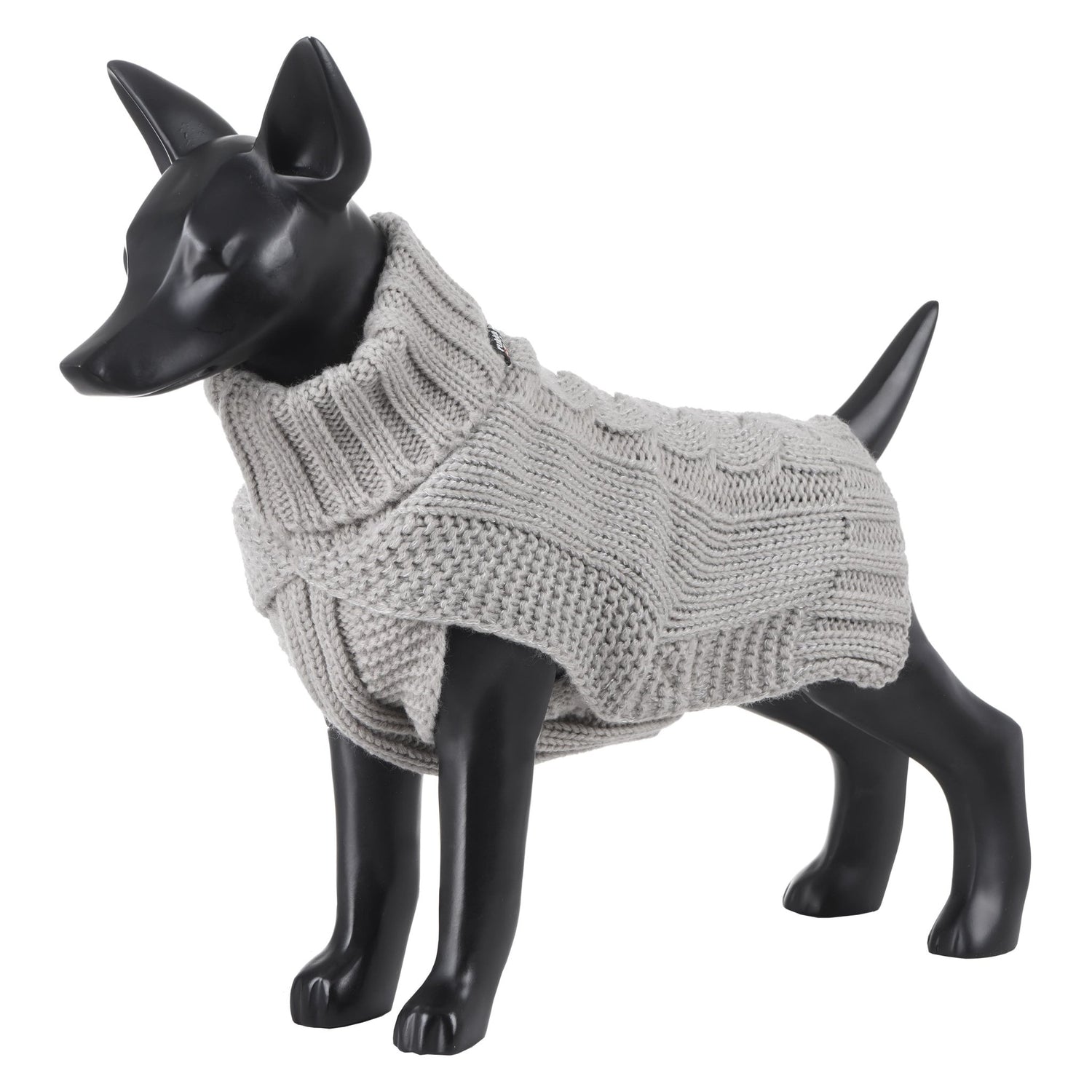 Dog mannequin wearing a gray knitted sweater on a white background