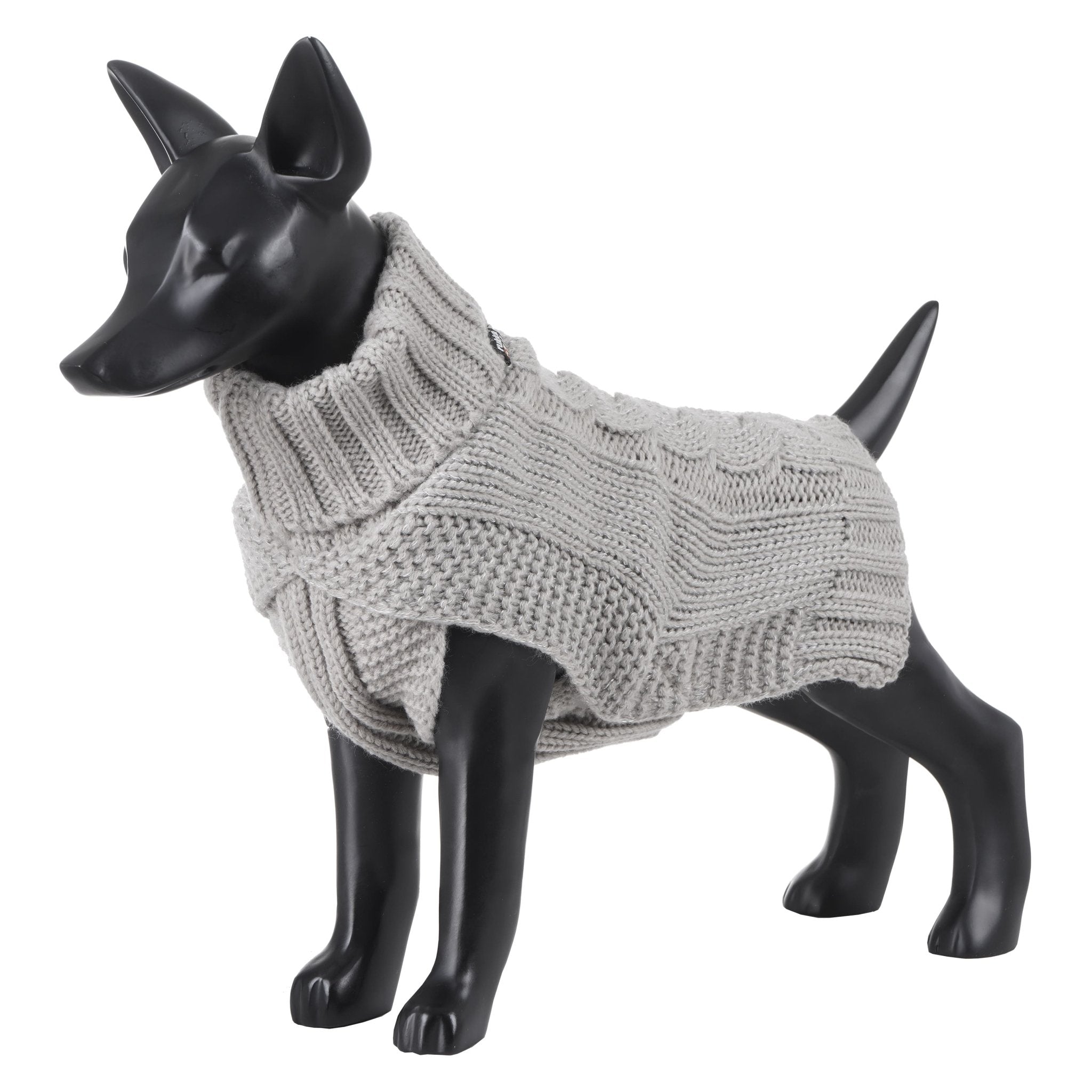 Dog mannequin wearing a gray knitted sweater on a white background