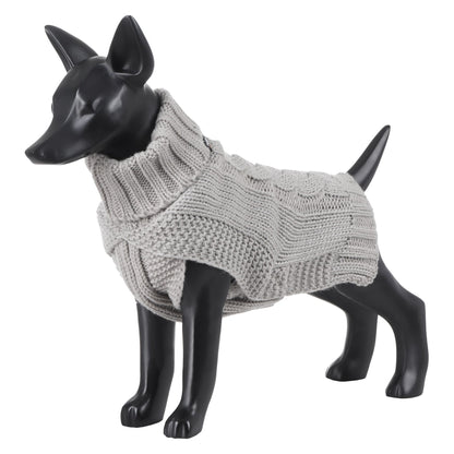 Dog mannequin wearing a gray knitted sweater on a white background