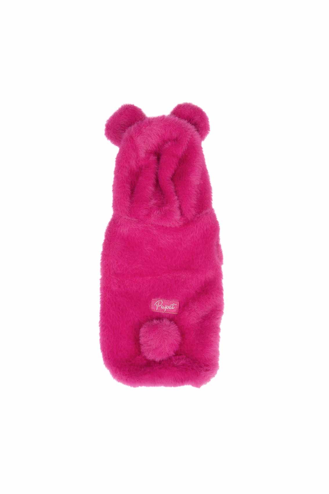 Pink dog coat with bear ears and tail on a white background