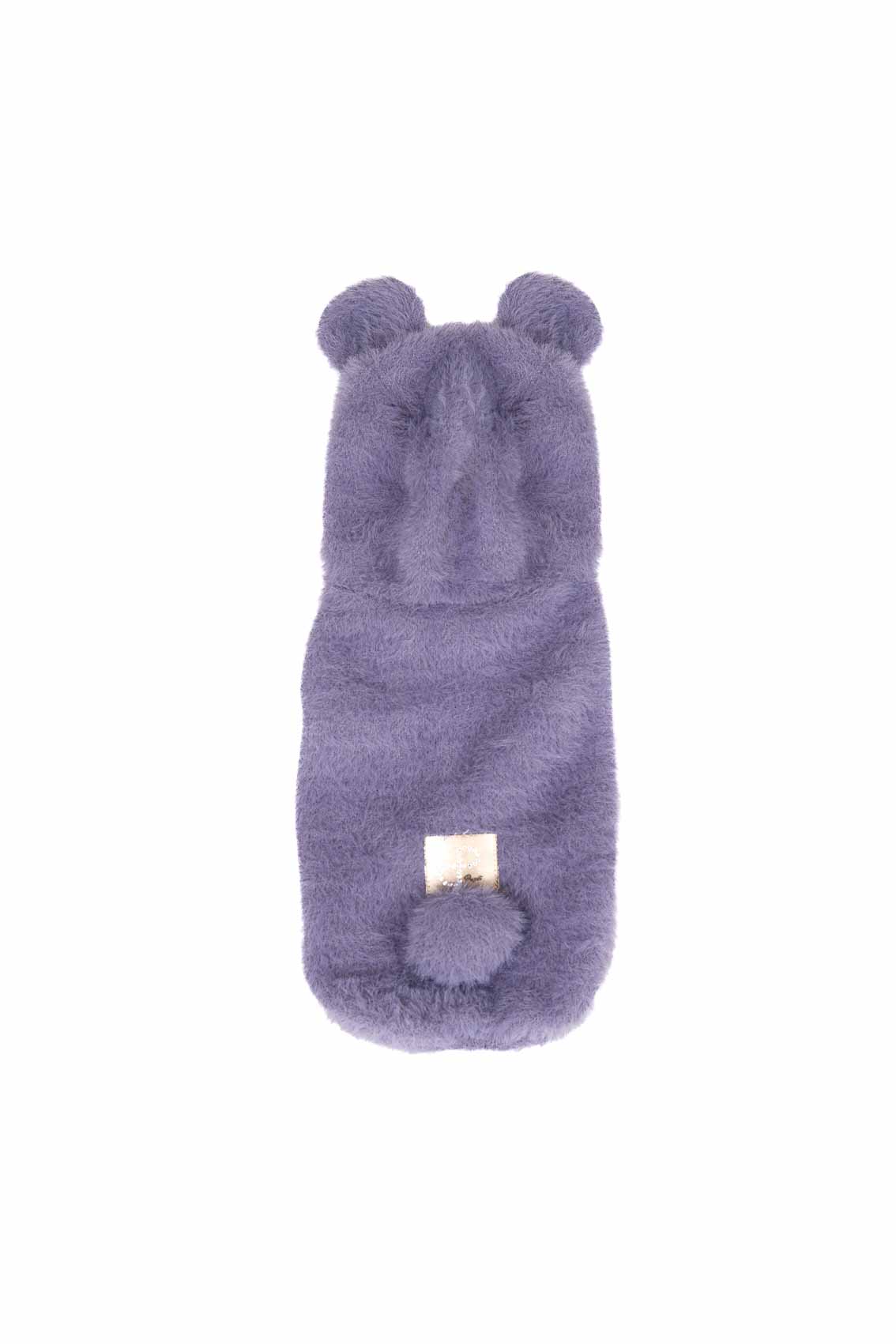 Purple plush dog coat with bear ears and tail on a white background