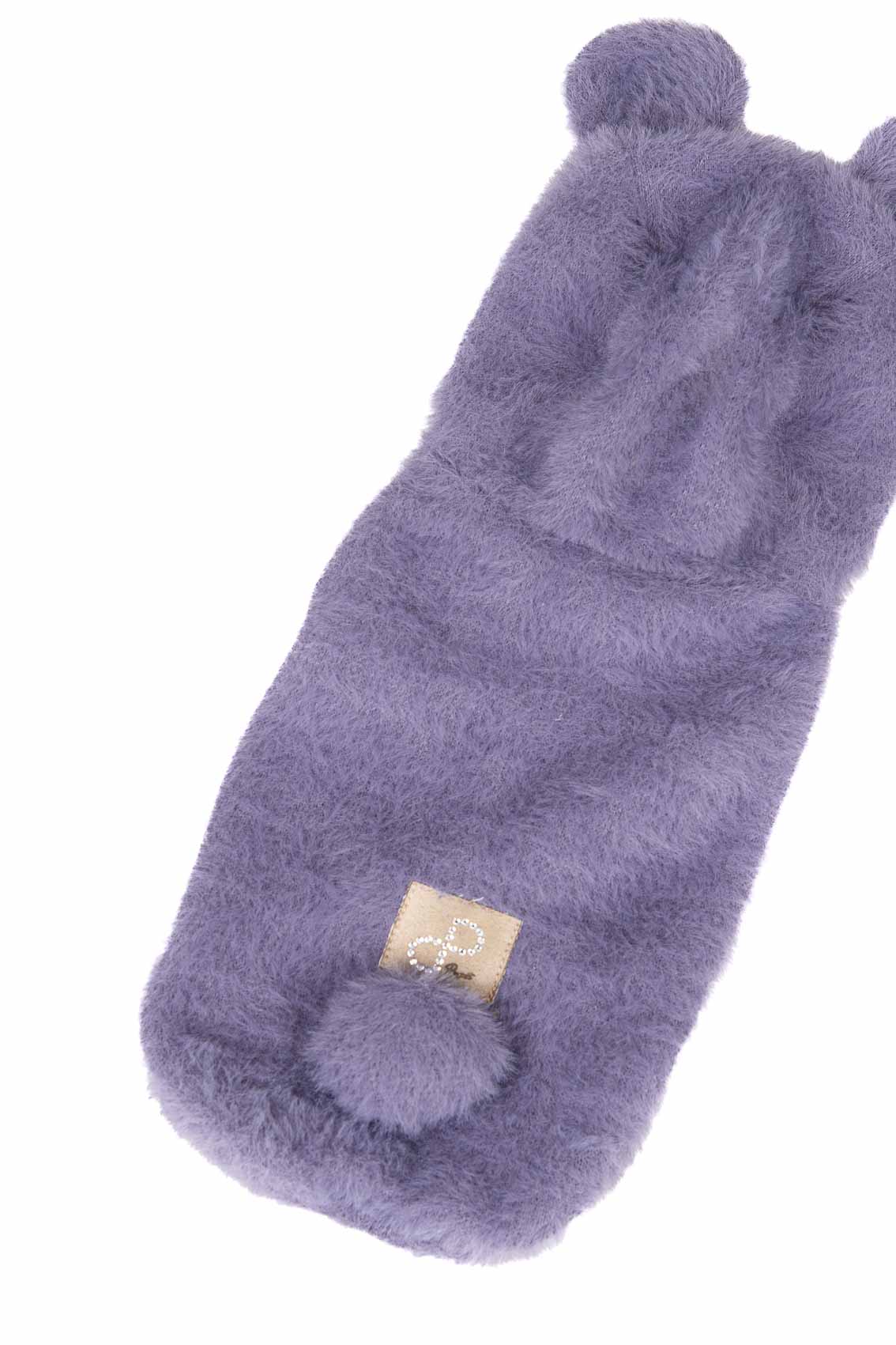 Purple fuzzy slippers with pom-poms on a white background