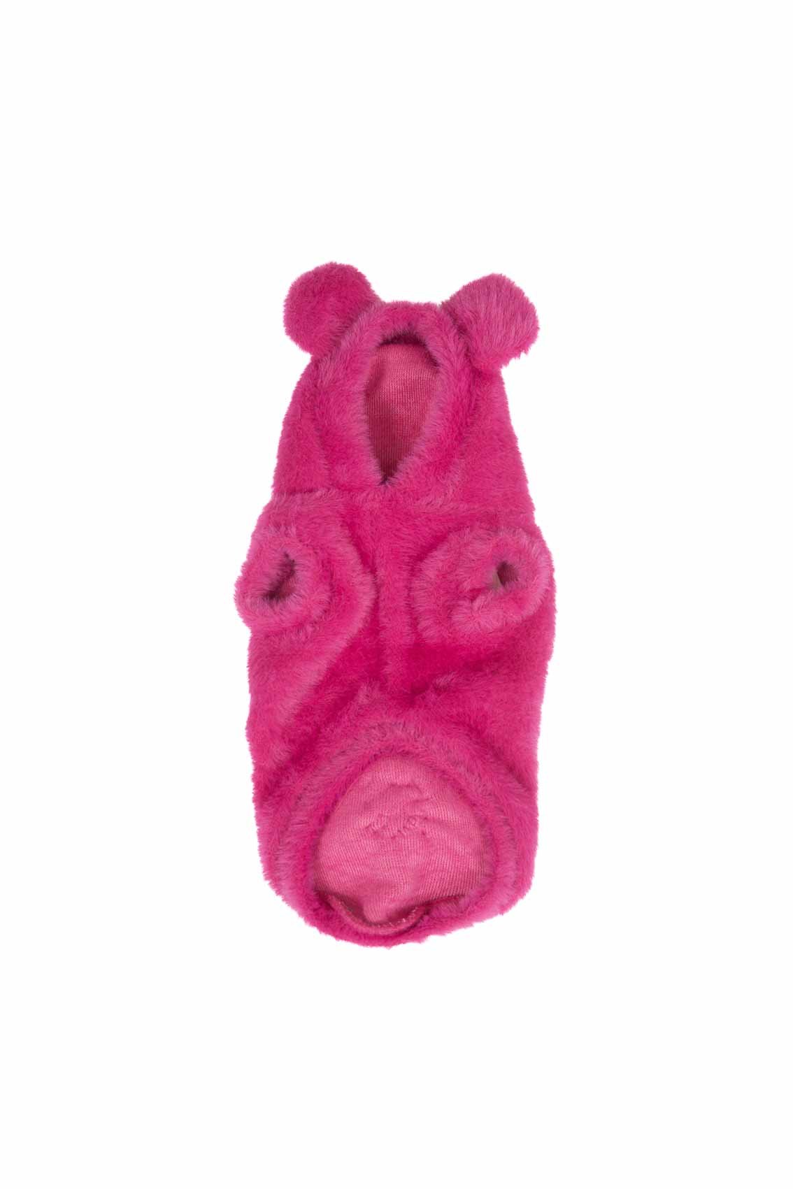 Pink dog coat with bear ears and face on a white background