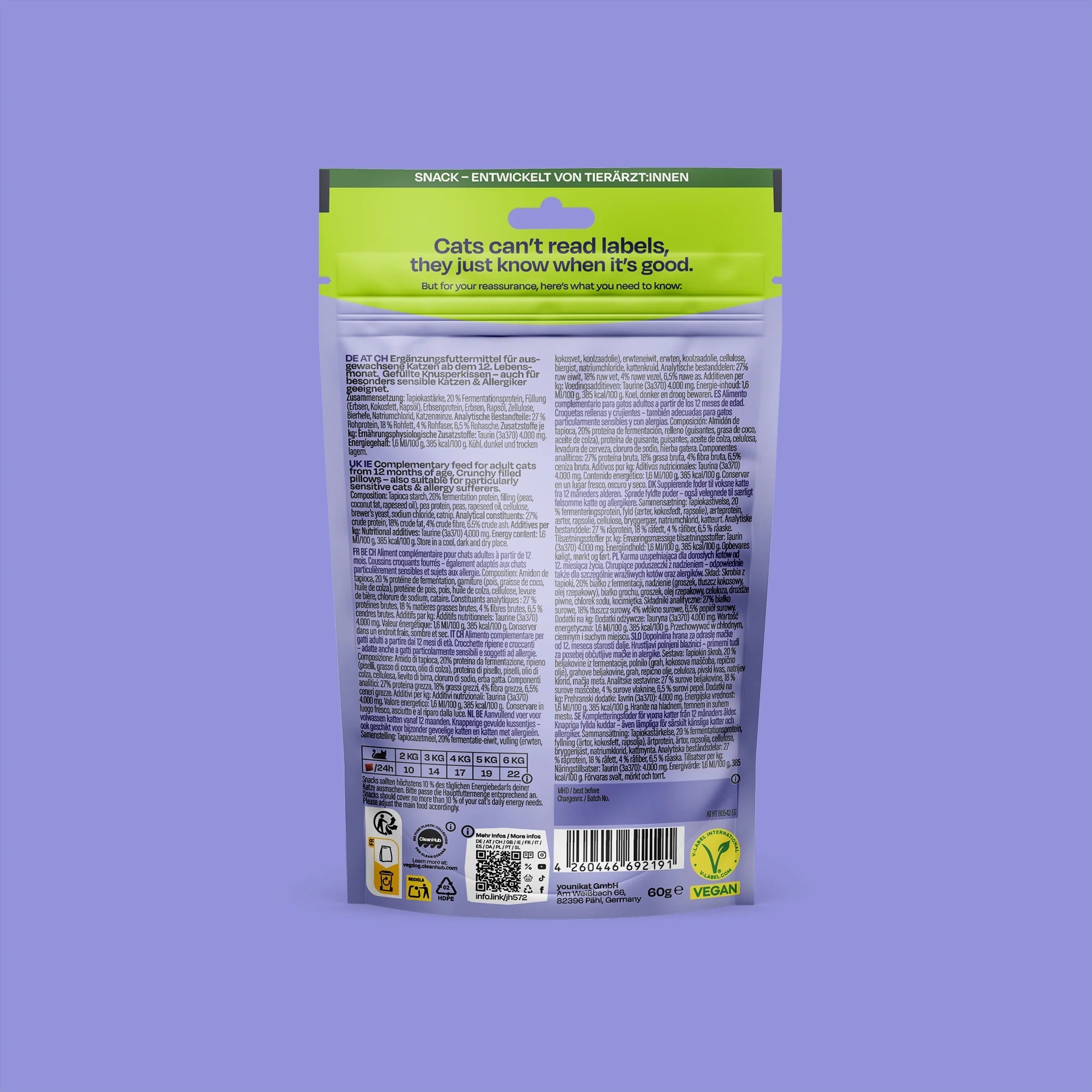 Back view of a snack package with text and labels on a purple background