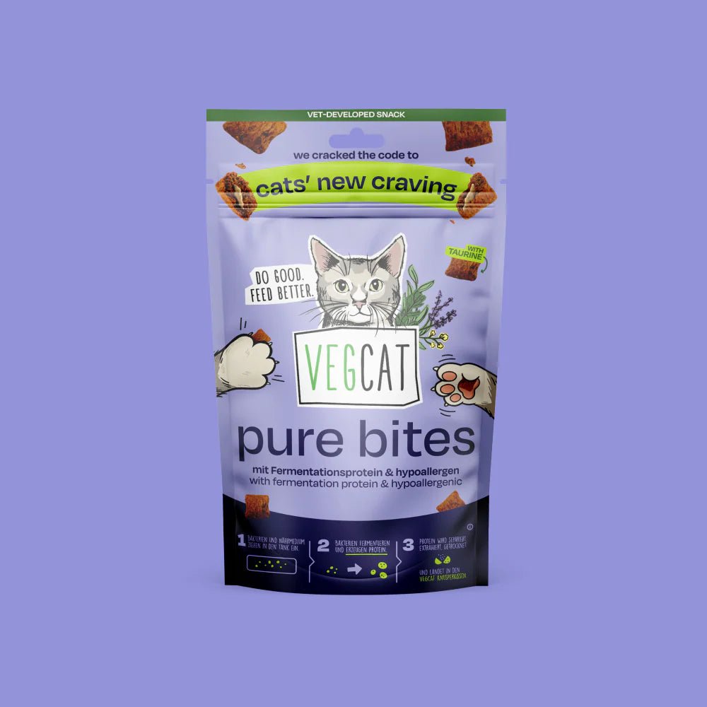 VegCat pure bites packaging on a purple background