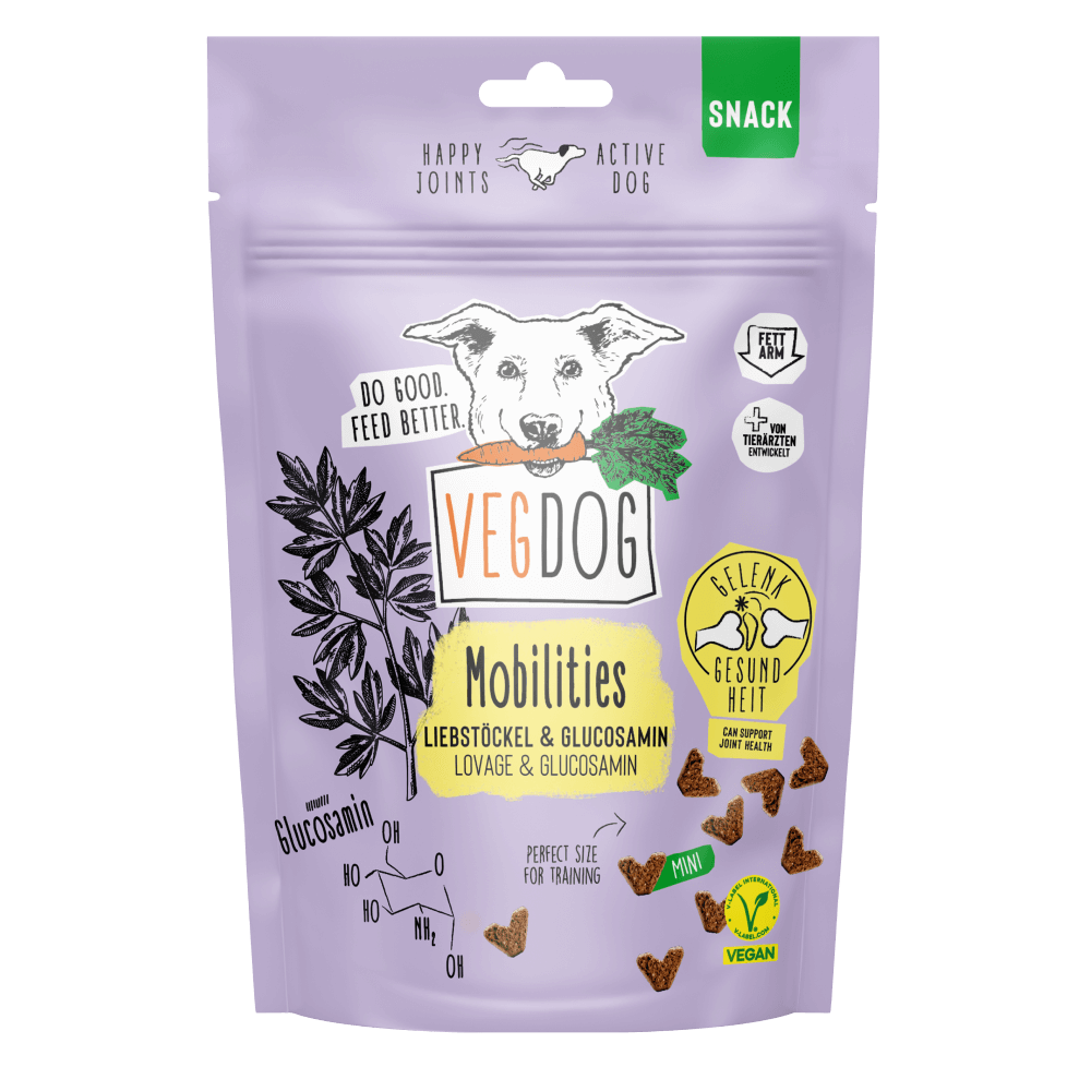 Purple package of VegDog snacks for dogs with a dog illustration and text on a black background