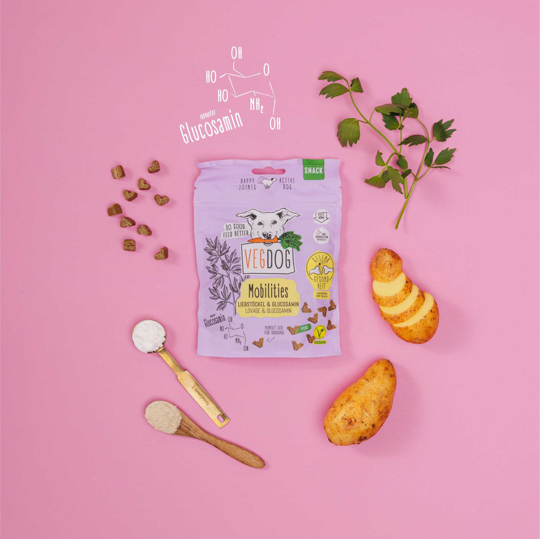 VegDog Mobilités snack package on a pink background with ingredients and a diagram of glucosamine.